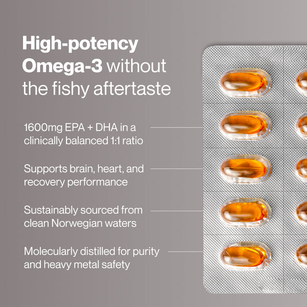 Omega-3 Travel Packs capsules in blister packaging highlighted alongside text emphasizing high-potency omega-3 benefits, brain and heart support, sustainable sourcing, and purity through molecular distillation.
