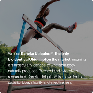 Athlete in mid-air hurdling during a race, illustrating energy and performance benefits associated with Ubiquinol wellness supplements.