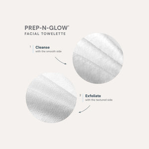 Close-up view of the two sides of Prep-N-Glow® | NuFACE facial towelettes, highlighting the smooth side for cleansing and the textured side for exfoliating skin.
