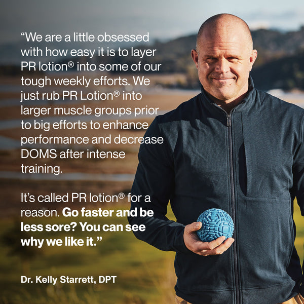 Man outdoors holding a textured blue massage ball with testimonial text about PR Lotion® Bottle enhancing performance and reducing soreness after intense training.