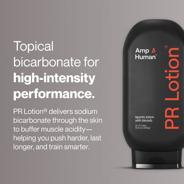 Black tube of PR Lotion® Buy 4, Get 1 Free. $175 Value sports lotion with topical bicarbonate for muscle acidity buffering, promoting high-intensity performance and smarter training.