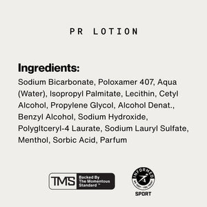 Close-up of the PR Lotion® Bottle ingredient list showing components like Sodium Bicarbonate, Poloxamer 407, and Menthol, highlighting skincare and wellness supplement details.