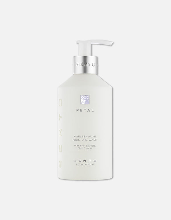 Bottle of Ageless Aloe Moisture Wash | Zents featuring a sleek white design with silver pump dispenser and subtle skincare branding against a light background.
