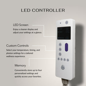 LED controller with screen and buttons for adjusting temperature, timing, and photon settings, featuring memory for up to four personalized wellness program presets for Rainbow Chakra Pillow Soft | HealthyLine.