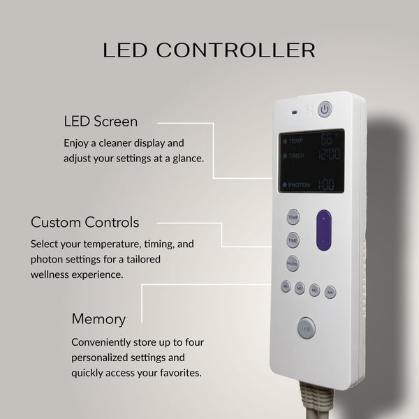 LED controller with screen and buttons for adjusting temperature, timing, and photon settings, featuring memory for up to four personalized wellness program presets for Rainbow Chakra Pillow Soft | HealthyLine.