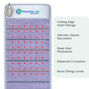 Platinum-Mat™ Full Short 6024 Firm - Photon Advanced PEMF InfraMat Pro® | HealthyLine showing a therapeutic wellness mat with multi-therapy red light points designed for muscle relief, deep heat, circulation, and energy boost.