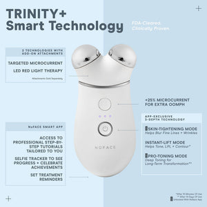 Trinity+ Pro | NuFACE device with smart technology featuring targeted microcurrent, LED red light therapy, app connectivity, and three skin treatment modes for anti-aging and toning benefits.