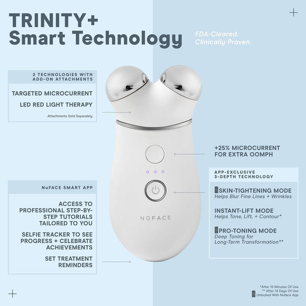 Trinity+ Pro | NuFACE device with smart technology featuring targeted microcurrent, LED red light therapy, app connectivity, and three skin treatment modes for anti-aging and toning benefits.