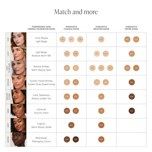Shade chart for PureMatch Liquid Concealer | Jane Iredale displaying matching PurePressed base mineral foundation shades, concealer shades, brighten shades, and define shades arranged by skin tone from fair to deeper with color descriptions and corresponding shade codes.