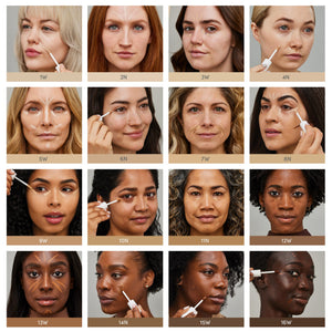 Shade chart showing diverse models applying PureMatch Liquid Concealer | Jane Iredale on various skin tones for skincare and beauty coverage guidance.