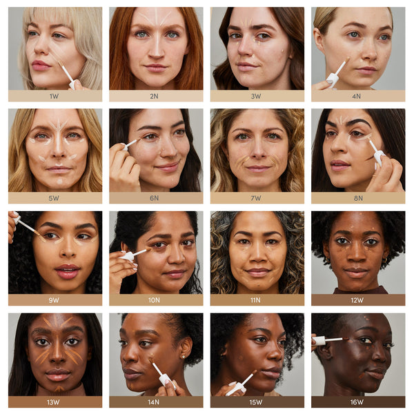 Shade chart showing diverse models applying PureMatch Liquid Concealer | Jane Iredale on various skin tones for skincare and beauty coverage guidance.