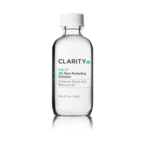 Clear skincare bottle labeled Fix It™ 2% Pore Perfecting Solution | ClarityRx designed to cleanse pores and reduce oil for improved skin clarity.