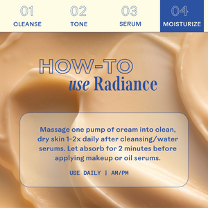 Instructional image showing how to use Radiance Grape Stem Cell + Squalane Ultra-Hydrating Cream | Three Ships by massaging one pump into clean, dry skin once or twice daily after cleansing and serum application.