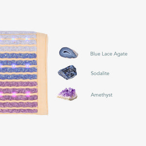 Close-up of a Rainbow Chakra Pillow Soft | HealthyLine displaying blue lace agate, sodalite, and amethyst stones on a light background, highlighting wellness and recovery elements.