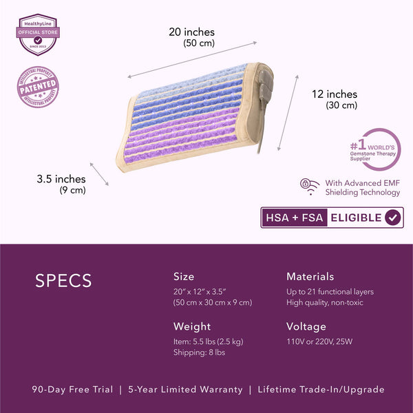 Rainbow Chakra Pillow Soft | HealthyLine showing dimensions, weight, voltage, materials, and features including advanced EMF shielding and multiple functional layers for wellness use.