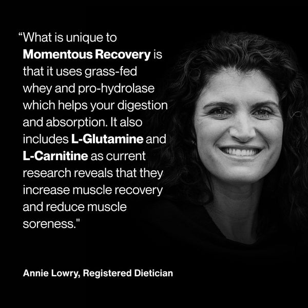 Black and white photo of a smiling woman next to text explaining Recovery uses grass-fed whey, pro-hydrolase, L-Glutamine, and L-Carnitine for improved digestion and muscle recovery.