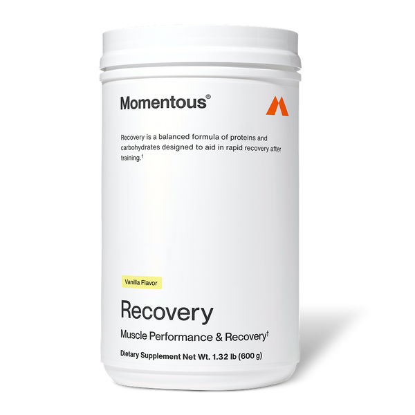 White container of Recovery muscle performance dietary supplement in vanilla flavor, designed to support rapid recovery after training.