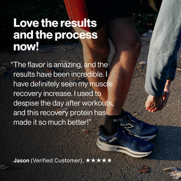 Customer testimonial praising Recovery for its amazing flavor and noticeable muscle recovery benefits, emphasizing improved post-workout experience and satisfaction.