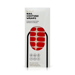 Package of red gel nail wraps displayed with "Gel Nail Wrap | Lauren B. Beauty" branding, offering salon-quality manicure wraps for easy at-home nail styling.