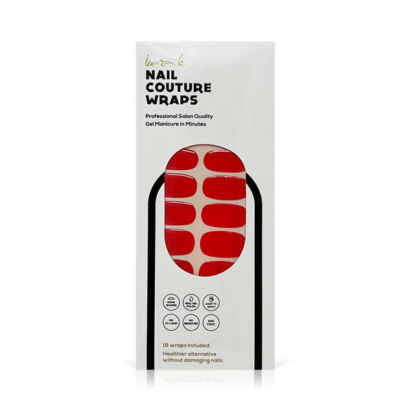 Package of red gel nail wraps displayed with "Gel Nail Wrap | Lauren B. Beauty" branding, offering salon-quality manicure wraps for easy at-home nail styling.