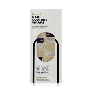 Packaging of Gel Nail Wrap | Lauren B. Beauty showing 18 gel nail wraps in navy, nude, and marble patterns, offering a professional salon-quality manicure alternative.