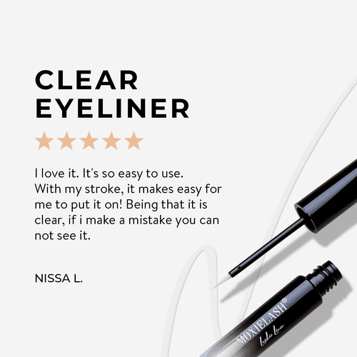 Customer review highlighting ease of use and clear formula of Lashies™ - Liner | Moxielash with product image and five-star rating.
