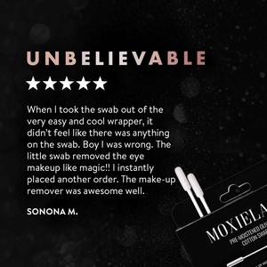 Customer five-star review praising the effective eye makeup removal and ease of use of Magnetic Eyeliner Swabbies | Moxielash, shown with two swab sticks and product box on a dark background.