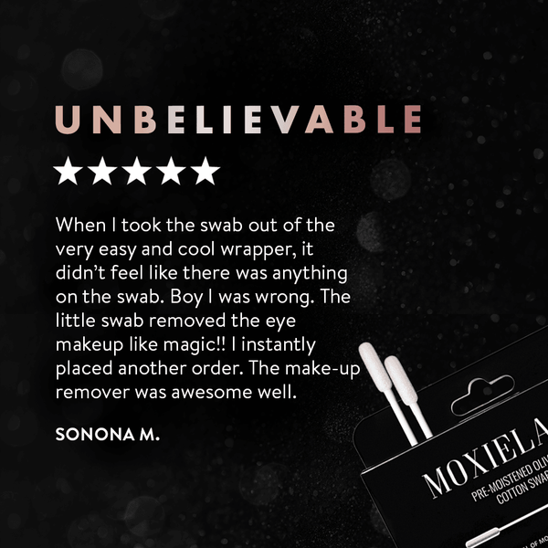 Customer five-star review praising the effective eye makeup removal and ease of use of Magnetic Eyeliner Swabbies | Moxielash, shown with two swab sticks and product box on a dark background.