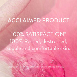 Close-up of a pink hydrating lotion texture with text highlighting 100% satisfaction and skin benefits for Rosée Visage (Toning Cleansing Lotion) | Phytomer skincare product.