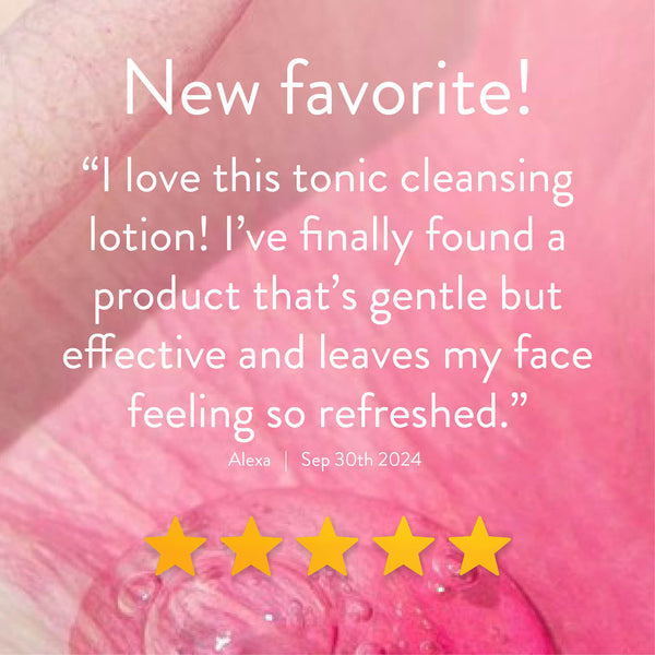 Customer testimonial praising Rosée Visage (Toning Cleansing Lotion) | Phytomer as a gentle, effective tonic cleansing lotion that leaves the face feeling refreshed, rated five stars.