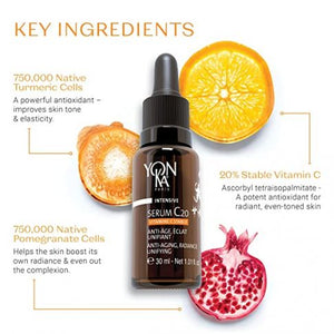 Bottle of Serum C20 | Yon-Ka Paris surrounded by images of turmeric, orange, and pomegranate slices highlighting key antioxidant skincare ingredients for radiant skin.