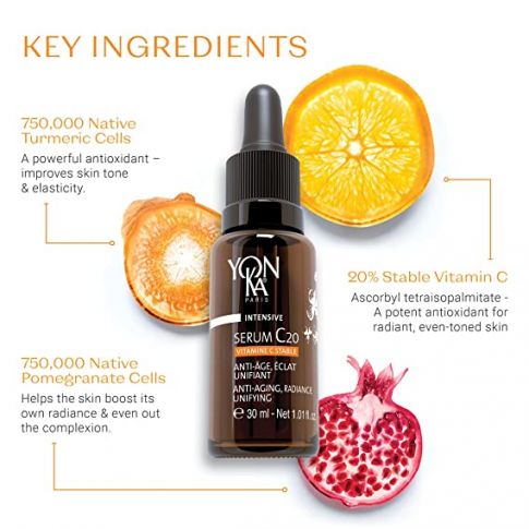 Bottle of Serum C20 | Yon-Ka Paris surrounded by images of turmeric, orange, and pomegranate slices highlighting key antioxidant skincare ingredients for radiant skin.