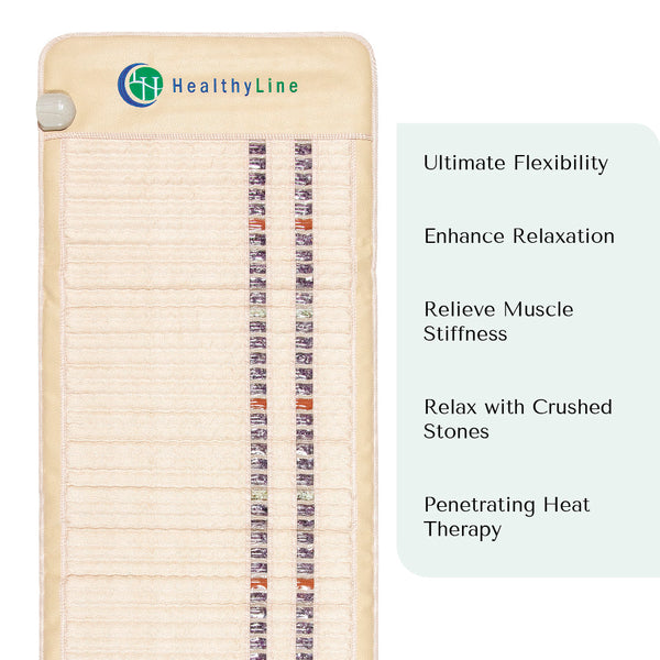 Close-up view of the beige TAJ-Mat™ Full 7224 Firm - Photon PEMF InfraMat Pro® | HealthyLine featuring rows of crushed stones designed for ultimate flexibility, muscle relief, relaxation, and heat therapy.