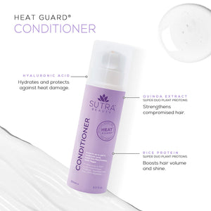 Bottle of Heat Guard Conditioner | SUTRA with callouts highlighting hyaluronic acid for hydration and heat protection, quinoa extract for strengthening, and rice protein for volume and shine.