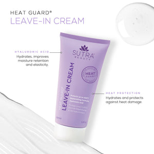 Tube of Heat Guard Leave In Cream | SUTRA with text highlighting hyaluronic acid for hydration and elasticity and heat protection against damage, next to cream texture and clear liquid drop.