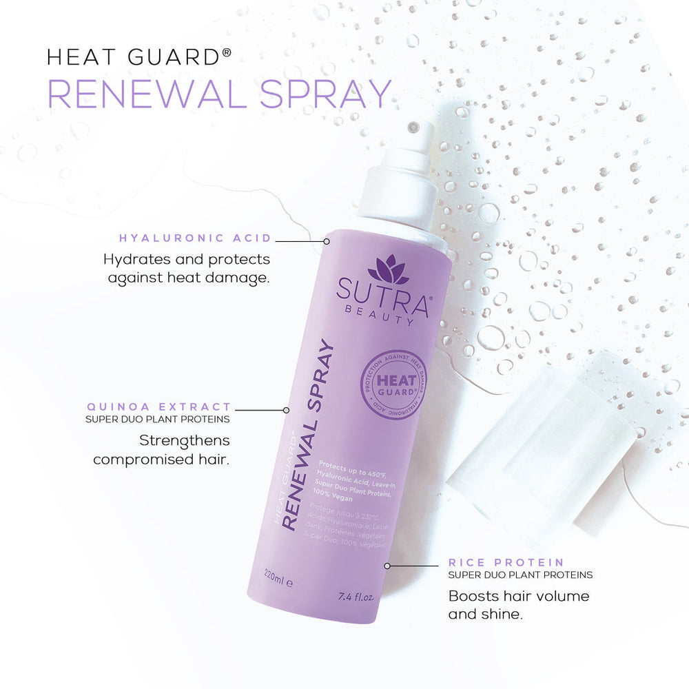 A lavender-colored spray bottle of Heat Guard Renewal Spray | SUTRA with a clear cap, designed for skincare and body care protection.