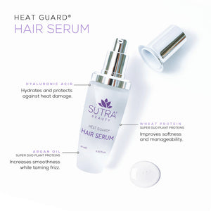 Bottle of Heat Guard Hair Serum | SUTRA with an open cap and a drop of serum nearby, highlighting ingredients like hyaluronic acid for hydration, wheat protein for softness, and argan oil for smoothness and frizz control.