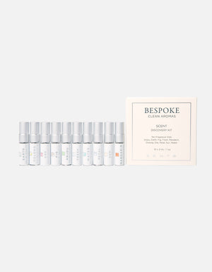 Bespoke Scent Discovery Kit | Zents featuring ten small fragrance vials displayed next to a clean white box labeled with scent names and calming, natural tones.