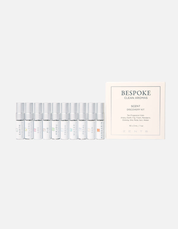 Bespoke Scent Discovery Kit | Zents featuring ten small fragrance vials displayed next to a clean white box labeled with scent names and calming, natural tones.
