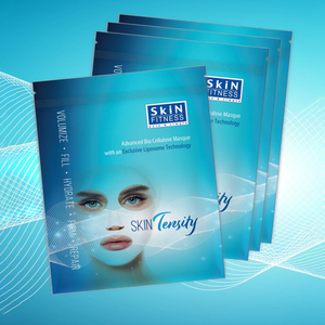 Packaging of SkinTensity Advanced BioCellular Sheet Masque | Skin Fitness Therapy featuring a blue design with an image of a woman's face and text highlighting hydration and repair benefits.