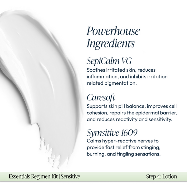 Creamy white lotion texture displayed alongside text highlighting powerhouse ingredients SepiCalm VG, Caresoft, and Symsitive 1609, describing their soothing and skin-supporting benefits in the Sensitive Regimen Bundle | Circadia.