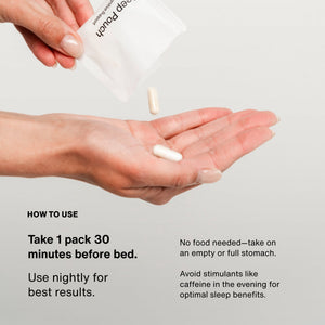 Hand pouring capsules from a packet into an open palm, demonstrating how to use the Nightly Sleep 5-Pack supplement to promote restful sleep with usage instructions in the background.