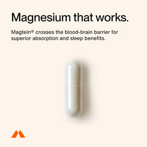White capsule supplement displayed on a light background with text highlighting magnesium's absorption and sleep benefits, promoting the Nightly Sleep 5-Pack.