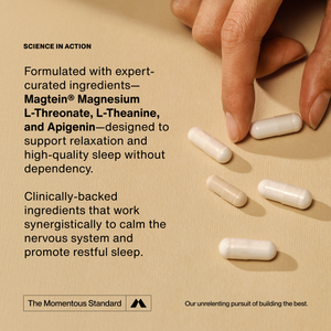 Close-up of a hand reaching for white capsules on a beige surface alongside text about expert-curated ingredients including Magtein Magnesium L-Threonate, L-Theanine, and Apigenin to support relaxation and restful sleep for the Nightly Sleep 5-Pack.
