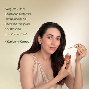 A woman with long dark hair holds a bottle of Timeless Kumkumadi Oil | Shankara and a dropper, with a quote about the oil’s purity, holistic nature, and transformative effects.