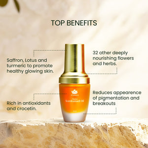Bottle of Timeless Kumkumadi Oil | Shankara displayed on a stone surface with text highlighting benefits such as promoting healthy glowing skin, rich antioxidants, reducing pigmentation, and nourishing with flowers and herbs