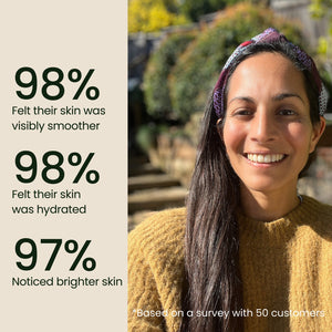 Smiling woman outdoors next to text showing survey results with 98% feeling smoother and hydrated skin and 97% noticing brighter skin after using Timeless Kumkumadi Oil | Shankara.