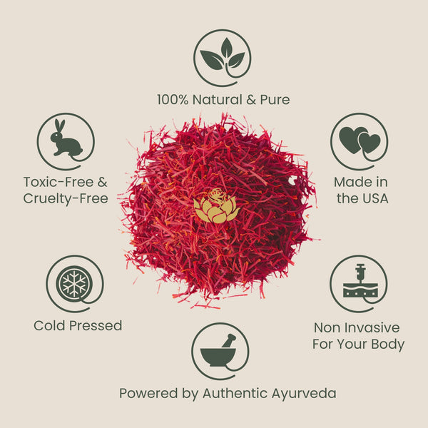Red saffron threads surrounded by icons highlighting features of Timeless Kumkumadi Oil | Shankara such as 100% natural and pure, toxic-free and cruelty-free, cold pressed, made in the USA, non-invasive for the body, and powered by authentic Ayurveda.
