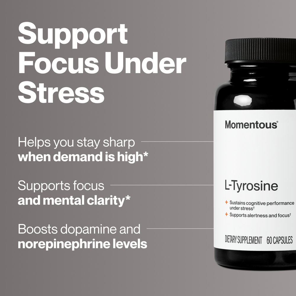 Tyrosine bottle with a black cap and white label featuring the words L Tyrosine and 60 capsules