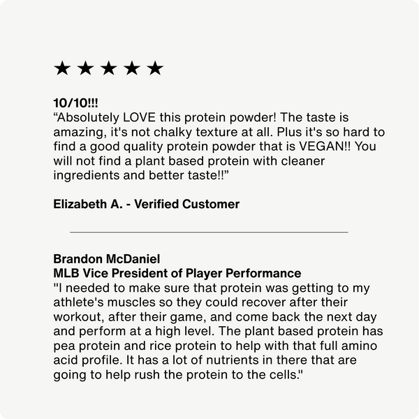Customer reviews praising 100% Plant Protein 10-Travel Packs for great taste, plant-based vegan ingredients, and benefits for athletic muscle recovery and performance.